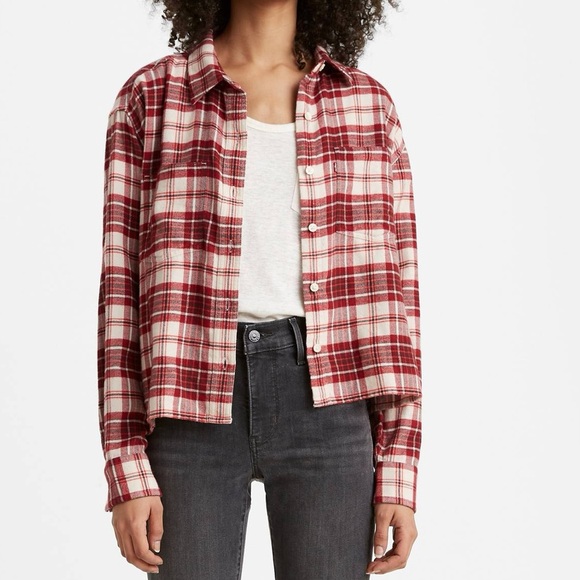 Levi's Maple Cotton Flannel Plaid Utility Shirt Red Combo - NEW - Size Medium - Picture 1 of 11